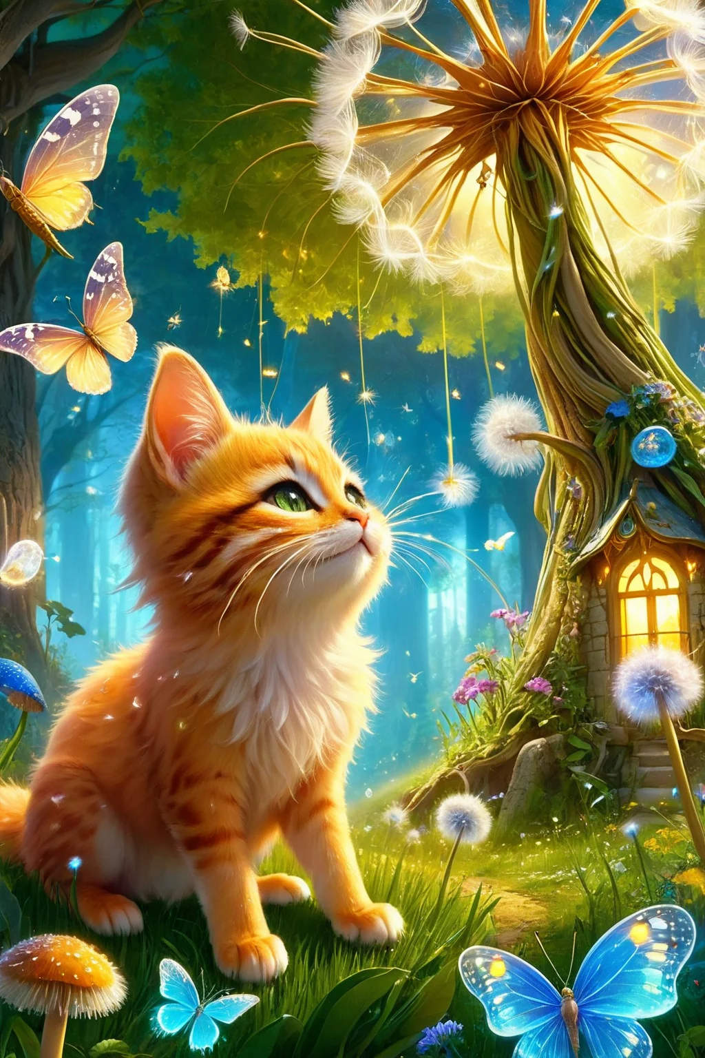 A charming and adorable scene featuring a cute cat with puffed cheeks blowing on a dandelion. The cat's fur is soft and fluffy, with expressive, wide eyes that radiate innocence and curiosity. The scene is set in a whimsical fairy tale world, filled with vibrant, colorful flowers, and lush green grass. In the background, towering mushrooms, sparkling fairy lights, and magical creatures like fairies and butterflies flutter around. A gentle, golden light filters through the trees, casting a warm glow over the entire scene. The dandelion seeds float gracefully in the air, creating a sense of magic and wonder. (ultra-realistic, high detail, vibrant colors, whimsical, magical, fairy tale, cute, charming, soft lighting, serene atmosphere)
<lora:ral-fntsyrlms-sdxl:0.8> ral-fntsyrlms,
<lora:add-detail-xl:0.7>,
<lora:EnvyBetterHiresFixXL01:0.85>,
<lora:extremely_detailed:0.7>, extremely detailed,
<lora:gorgoeus_splash_of_vibrant_paint:0.7> Gorgeous splash of vibrant paint,