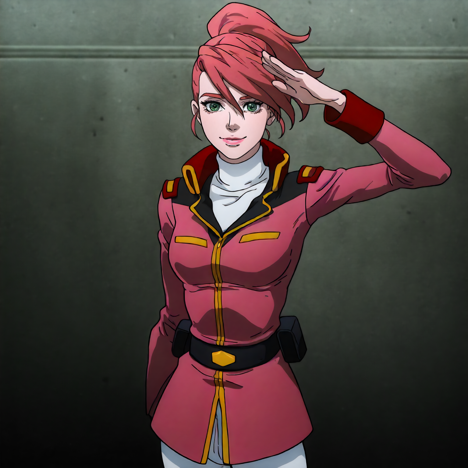 <lora:GTBBianca>,
detailed background,concrete panel,glitter,
smile,
looking at viewer,
solo,
GTBBianca,1girl,ponytail,pink hair,green eyes,pink lips,breasts,
pink military uniform,white turtleneck,black belt,white pants,
standing,salute,