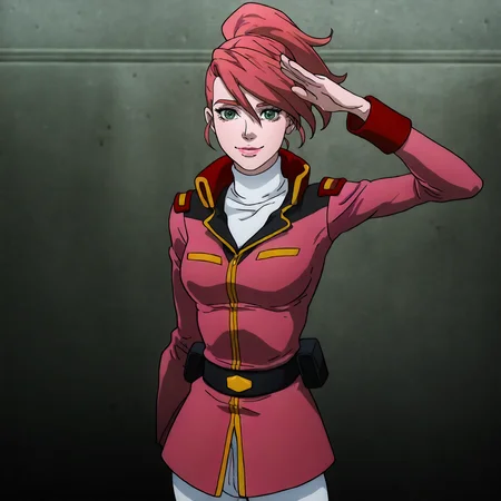 <lora:GTBBianca>,
detailed background,concrete panel,glitter,
smile,
looking at viewer,
solo,
GTBBianca,1girl,ponytail,pink hair,green eyes,pink lips,breasts,
pink military uniform,white turtleneck,black belt,white pants,
standing,salute,