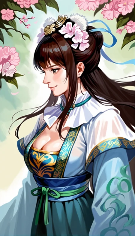 score_9,score_8_up,score_7_up,
<lora:wangyuanji:0.8>,
wangyuanji,1girl,solo,long hair,black hair,bangs,updo,hair ornament,pink hair flower,grey eyes,smile,chinese clothes,layered green and white fabric,white cape collar,blue ribbon,green ribbon,sheer robe,cleavage,upper body,from side,simple background,pink flower,
outdoors,flowers,