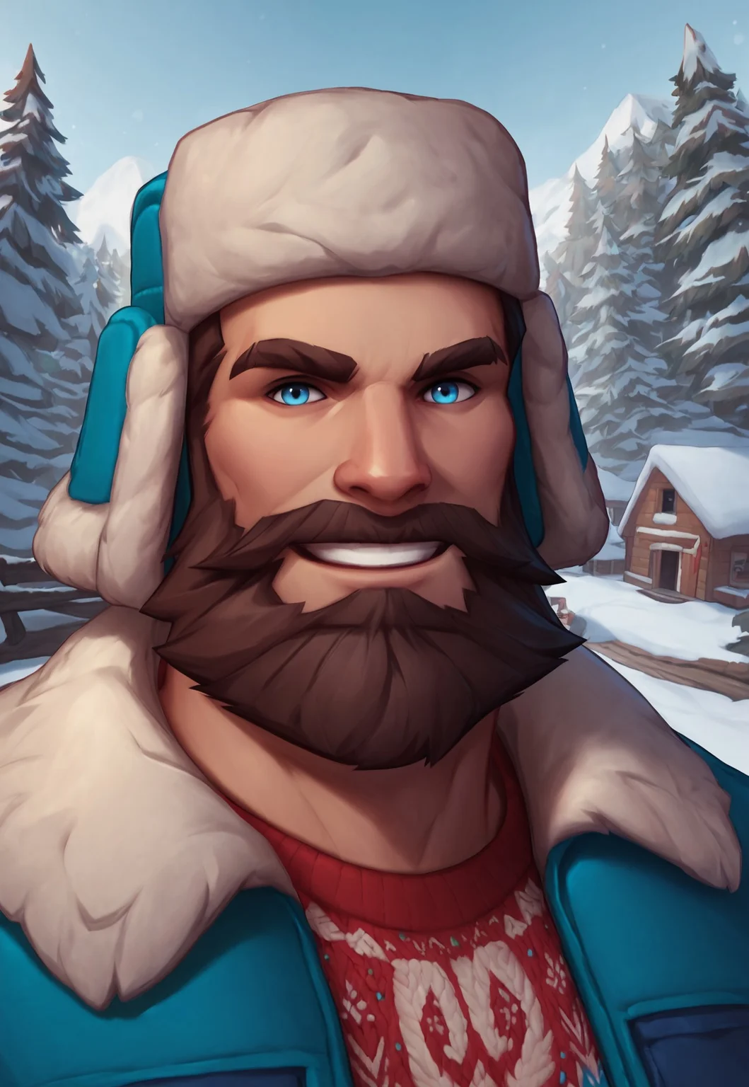 score_9, score_8_up, SnowDayGraves, blue eyes, brown hair, facial hair, beard, fur-trimmed jacket, trapper hat, sweater, detailed background, dynamic pose, looking at viewer, smile, cabin, snow, trees, blue sky, dutch angle, portrait,