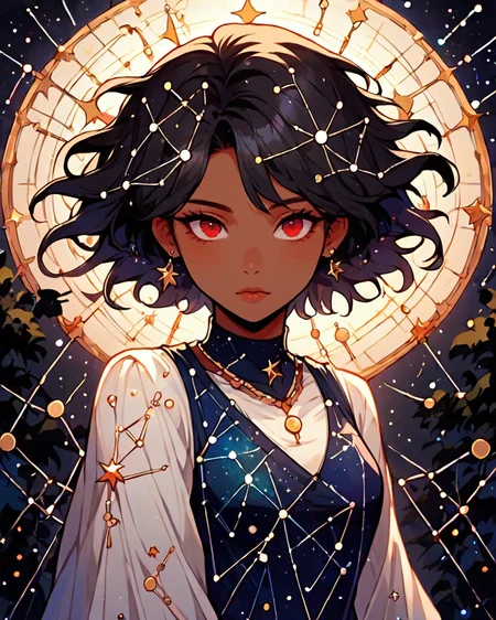 score 9, score 8 up, 1girl, masterpiece,   <lora:Constellation_body:0.7> constellation dress , dress, black hair, red eyes, forest, dark skin