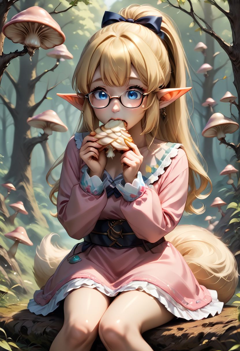 anime art. girl with blonde hair, cute blue eyes, glasses, pointy ears. pink short dress, small boobs, forest, fluffy tail, sitting, eating mushroom
