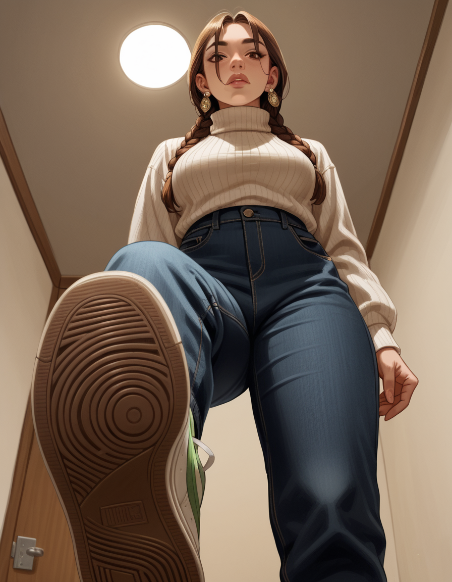 score_9, score_8_up, score_7_up, score_6_up, score_5_up, score_4_up, 1girl,  solo, Turtleneck sweater, wide-leg pants, Visionary, Short, Firm, Oval Face, Olive Skin, Chestnut Hair, brown Eyes, Narrow Nose, Thin Lips, Prominent Chin, Long Hair, Fine Hair, Double Braided Crown, full breasts, Huggie earrings, soft pink metallic lipstick, walk-in closet, motivated light, candlelight, spotlight, hud_v4nspose, sneakers, shoe soles, from below, indoors, ceiling, foreshortening, perspective, <lora:vans:0.7> ,