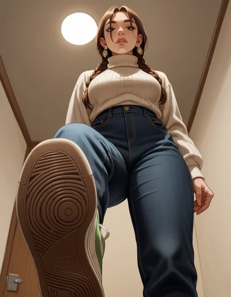 score_9, score_8_up, score_7_up, score_6_up, score_5_up, score_4_up, 1girl, solo, Turtleneck sweater, wide-leg pants, Visionary, Short, Firm, Oval Face, Olive Skin, Chestnut Hair, brown Eyes, Narrow Nose, Thin Lips, Prominent Chin, Long Hair, Fine Hair, Double Braided Crown, full breasts, Huggie earrings, soft pink metallic lipstick, walk-in closet, motivated light, candlelight, spotlight, hud_v4nspose, sneakers, shoe soles, from below, indoors, ceiling, foreshortening, perspective, <lora:vans:0.7> ,