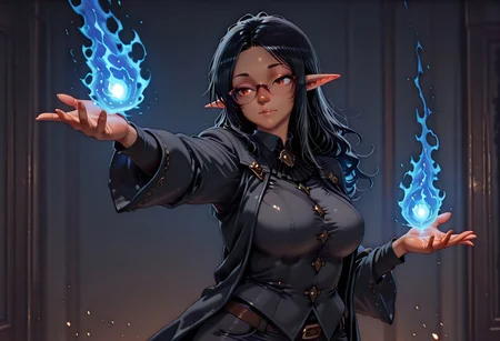 masterpiece, best quality, highres, absurdres, amazing quality, high resolution, 
Dark Skin, Glasses, hazel eyes, long black hair, long pointy ears
long coat, vest, button down shirt, black frilly collar
<lora:scorching_ray_magic:1> scorching_ray_(/magic/), solo, flame, glowing hands, dynamic_pose, fighting stance, looking at another,
blue magic
blue flames
blue fire
blue energy
solo
1girl
no bangs
