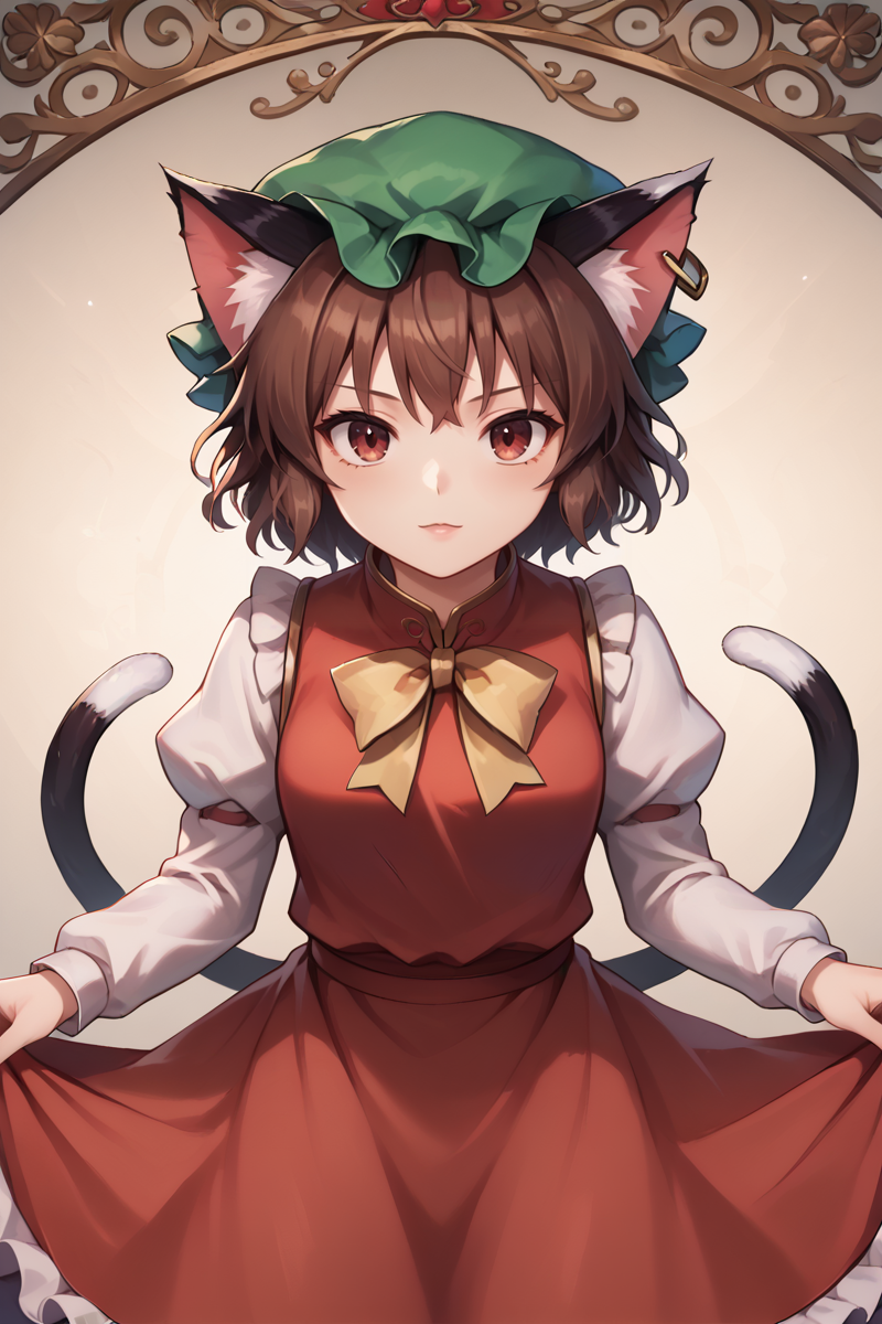 score_9, score_8_up, score_8, score_9, 1 girl,  source_anime, <lora:chen_pony-10:1>, chen, brown hair, brown eyes, cat ears, green hat, mob cap, two tails, red dress, juliet sleeves, frills, <lora:Concept Art Ultimatum Style LoRA_Pony XL v6:0.8>, <lora:princess_xl_v2:0.8>, <lora:Smooth Anime 2 Style SDXL_LoRA_Pony Diffusion V6 XL:0.8>, <lora:add-detail-xl:-0.5>, danmaku, touhou, detailed_background, outer glow, dynamic pose, cinematic