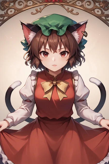 score_9, score_8_up, score_8, score_9, 1 girl,  source_anime, <lora:chen_pony-10:1>, chen, brown hair, brown eyes, cat ears, green hat, mob cap, two tails, red dress, juliet sleeves, frills, <lora:Concept Art Ultimatum Style LoRA_Pony XL v6:0.8>, <lora:princess_xl_v2:0.8>, <lora:Smooth Anime 2 Style SDXL_LoRA_Pony Diffusion V6 XL:0.8>, <lora:add-detail-xl:-0.5>, danmaku, touhou, detailed_background, outer glow, dynamic pose, cinematic