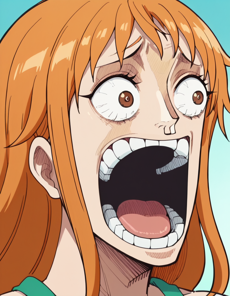 score_9, score_8_up, score_7_up, source_anime, <lora:one-piece-nami-s15-ponyxl-lora-nochekaiser:1>, nami, long hair, orange hair, brown eyes, large breasts, anime screencap, <lora:enel-face-ponyxl-lora-nochekaiser:1> enel face, open mouth, wide-eyed, teeth, tongue,, , dutch angle, cowboy shot