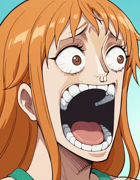 score_9, score_8_up, score_7_up, source_anime, <lora:one-piece-nami-s15-ponyxl-lora-nochekaiser:1>, nami, long hair, orange hair, brown eyes, large breasts, anime screencap, <lora:enel-face-ponyxl-lora-nochekaiser:1> enel face, open mouth, wide-eyed, teeth, tongue,, , dutch angle, cowboy shot