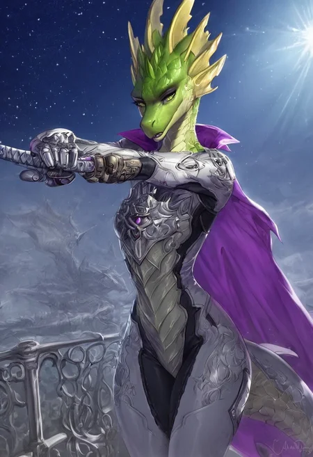 score_9, score_8_up, score_7_up, source_cartoon, SFW, ((anthropomorphic dragon)), female, source_furry, ((Oneprostethicarmright, prosthetic right forearm)):1.4, (1woman, anthro dragon), (((bright green scales, two toned green body scales, glossy scales))), purple irises, extremely detailed, large nostrils, full seductive lower lip,  extremely detailed, ((very large head fins)):1.3, (((one tall blue head spike, yellow back spikes))), detailed body scales, strong athletic body, small athletic breasts, toned arms, toned legs, long tail, feminine body, extreme detailed, thin waist, wide hips, (((silver plugsuit))), sci-fi, Parted lips, seductive expression, outside, resting against railing, sunny day, ((masterpiece)) (dynamic lighting:1.1) ((masterpiece)) godrays , (dynamic battle), (action pose) (explosions in the background), holding a Katana, very heroic, wearing purple cape on her back, space station, battlefield, white and silver plugsuit, detailed sci-fi background, extreme detailed, ( (dynamic lighting:1.1) ((masterpiece)) (dynamic lighting:1.1) ((masterpiece)) godrays, (highly detailed:1.2), (intricate:1.2), (best quality:1.2),(8k:1.2), (sharp:1.2), (majestic:1.2), natural lighting, detail++,