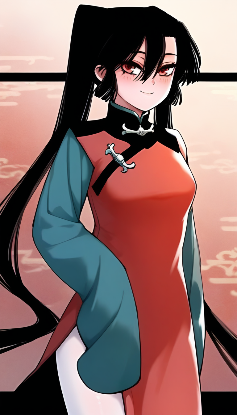 <lora:hudasheng:1>,hudasheng,1girl,long hair,red eyes,solo,long hair,black hair,hair between eyes,ponytail,pigtails,white_pantyhose,china_dress,red china_dress,long sleeves,green long sleeves,
standing,looking at viewer,smile,blush,light_blush,full_shot,from_side,, masterpiece,best quality,amazing quality,