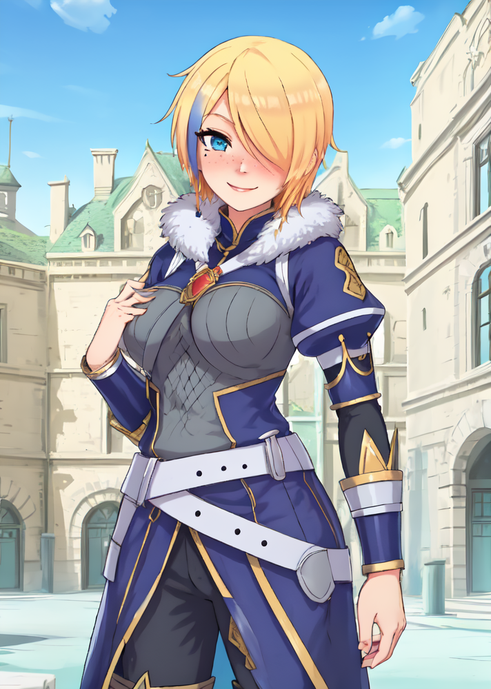 <lora:Claire Liver020-10:0.7> , claire-liver020, blonde hair, 1girl, blue hair, hair over one eye, multicolored hair, solo, blue eyes, armor, short hair, mole, mole under eye, fur trim, braid, jewelry, streaked hair, earrings, belt, boots, smile, blushing, NSFW, town, houses, blue sky, 1 girl, 20yo, Beautiful Fingers, Beautiful long legs, Beautiful body, Beautiful Nose, Beautiful character design, perfect eyes, perfect face, looking at viewer, (innocent_big_eyes:1.0), official art, perfect lighting , Colorful, Bright_Front_face_Lighting, (masterpiece :1.0), (best_quality:1.0), ultra high res,4K, ultra-detailed, photography, 8K, HDR, highres, absurdres:1.2, Kodak portra 400, film grain, blurry background, lens flare, (vibrant_color:1.2) , (Beautiful,large_Breasts:1.4), (beautiful_face:1.5), (narrow_waist),