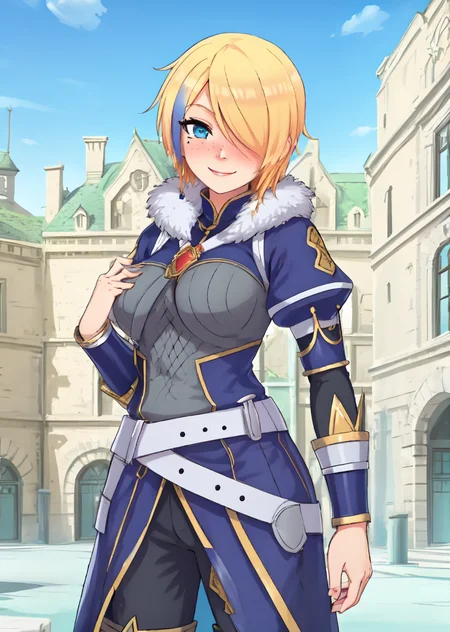 <lora:Claire Liver020-10:0.7> , claire-liver020, blonde hair, 1girl, blue hair, hair over one eye, multicolored hair, solo, blue eyes, armor, short hair, mole, mole under eye, fur trim, braid, jewelry, streaked hair, earrings, belt, boots, smile, blushing, NSFW, town, houses, blue sky, 1 girl, 20yo, Beautiful Fingers, Beautiful long legs, Beautiful body, Beautiful Nose, Beautiful character design, perfect eyes, perfect face, looking at viewer, (innocent_big_eyes:1.0), official art, perfect lighting , Colorful, Bright_Front_face_Lighting, (masterpiece :1.0), (best_quality:1.0), ultra high res,4K, ultra-detailed, photography, 8K, HDR, highres, absurdres:1.2, Kodak portra 400, film grain, blurry background, lens flare, (vibrant_color:1.2) , (Beautiful,large_Breasts:1.4), (beautiful_face:1.5), (narrow_waist),