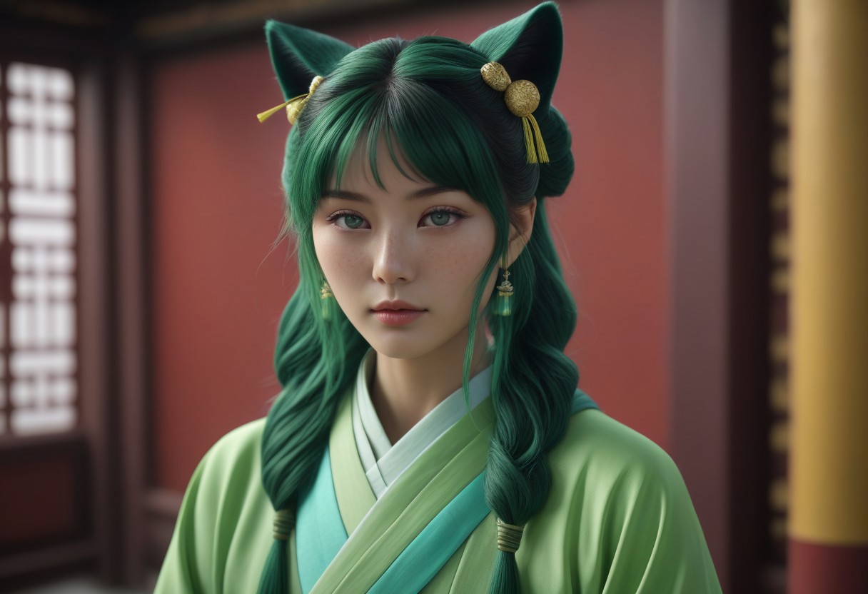 masterpiece, best quality, 8k, amazing quality, photorealistic, scinematic, Volumetric lighting, depth of field, wide angle, cinematic, realistic. 1girl, solo, <lora:Mao Mao:1> ma0ma0_default, green hair, long hair, blunt bangs, hair ornament, twintails, blue eyes, freckles, hair over shoulders, multi-tied hair, half updo, chinese clothes,green hanfu, wide sleeves, long sleeves, looking at viewer, cat ears, animal ear fluff, pout, :t, closed mouth