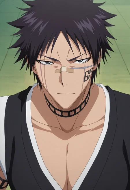 masterpiece, best quality, , anime screencap, anime coloring, official style, , 1boy, solo, male focus, <lora:shuuhei_hisagi_ilxl:0.92>, shuuhei_hisagi, black hair, black eyes, short hair, , tattoo, facial mark, bandaid on nose, scar on face, , choker, ,