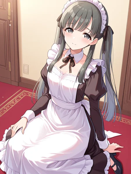 masterpiece,best quality,very aesthetic,absurdres,highres,newest,
1girl,solo,
kbykwse miyabinigohoushi,kobayakawa sae,black eyes,black hair,
dress,long hair,alternate costume,apron,black dress,black footwear,black ribbon,
blush,collarbone,detached collar,enmaided,frilled hairband,frills,hairband,
long sleeves,maid,neck ribbon,ribbon,sidelocks,twintails,white apron, long dress
<lora:idolmaster_kobayakawa_sae_ill_v1.0:1>,