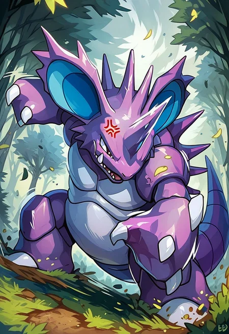 score_9, score_8_up, score_8,
zzNidoking, no humans, pokemon (creature), single horn, claws,
dynamic pose, attacking, angry, furious, motion lines,
forest, falling leaves, dust, swirls, wind,
zPDXL3,