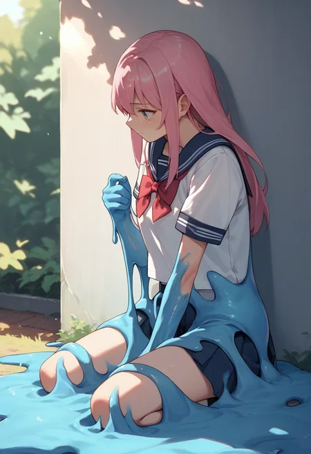 score_9, score_8_up, score_7_up, score_6_up, source_anime, <lora:slime_v0.1-pony:1>
1girl, long hair, pink hair, school uniform,
blue slime, dappled sunlight,