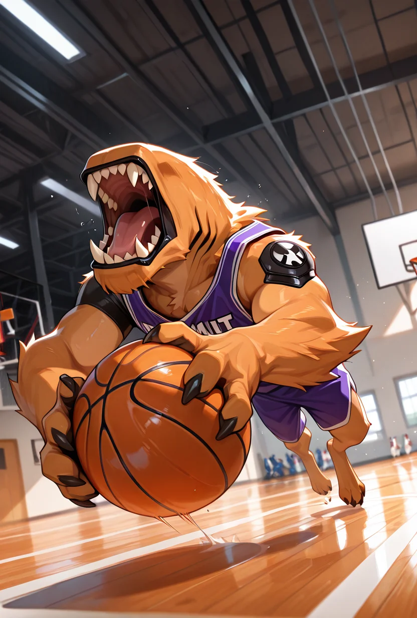 <lora:wildmutt-06:1> wildmutt, solo, no humans, claws, sharp teeth, no eyes, no ears, basketball, basketball uniform, basketball (object), basketball shorts, ball, sportswear, dribbling (basketball),, fast action, basketball court, open mouth, running, looking away, dribbling, speed lines, dynamic pose,, masterpiece, best quality, amazing quality, very aesthetic, absurdres, newest,