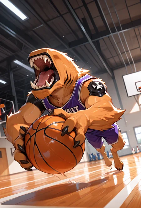 <lora:wildmutt-06:1> wildmutt, solo, no humans, claws, sharp teeth, no eyes, no ears,   basketball, basketball uniform, basketball (object), basketball shorts, ball, sportswear, dribbling (basketball),, fast action, basketball court, open mouth, running, looking away, dribbling, speed lines, dynamic pose,, masterpiece, best quality, amazing quality, very aesthetic, absurdres, newest,