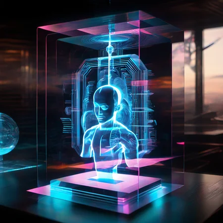 hologrameffect, a futuristic man in a glass box,half body,highly detailed,intrinsic,<lora:hologram_effect:1>