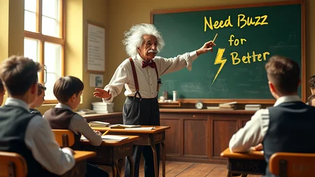 Realistic photograph, Professor Albert Einstein teaching students Physics in a classroom in 1930s. 1930's era, 1930's clothing style with bold colors and patterns, vintage photography style with high contrast and rich tones. Professor Einstein has wild white hair and wears a bright red sweater as he animatedly makes an oversized lightning bolt emoji with yellow chalk on the chalkboard. In huge letters he writes "Need Buzz for Better Physics!". The chalkboard is a vivid green. The students wear a variety of bright colors like royal blue, sunshine yellow, and burgundy. Their faces are eager and captivated as they lean forward, engrossed in Einstein's eccentric lecture. The classroom has tall arched windows allowing warm golden sunlight to stream in, creating dramatic shadows and highlights.