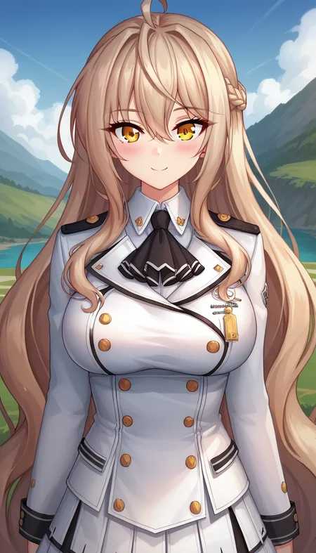 score_9,score_8_up,masterpiece,best quality,correct anatomy,anime_source,1girl,solo,perfect eyes,perfect arms,perfect legs,perfect face,outdoors,upper body,(portrait:1.5),looking at viewer,facing viewer,smile,blush,Arcelias Pendragon,ahoge,very long hair,light brown hair,wavy hair,hair intakes,french braid,hair between eyes,bangs,yellow eyes,uniform,black ascot,white jacket,double-breasted,white shirt,long sleeves,large breasts,miniskirt,white skirt,frilled skirt,pleated skirt,zettai ryouiki,black thighhighs,loafers,white footwear,<lora:Arcelias Pendragon(uq)-Pony:1.1>,