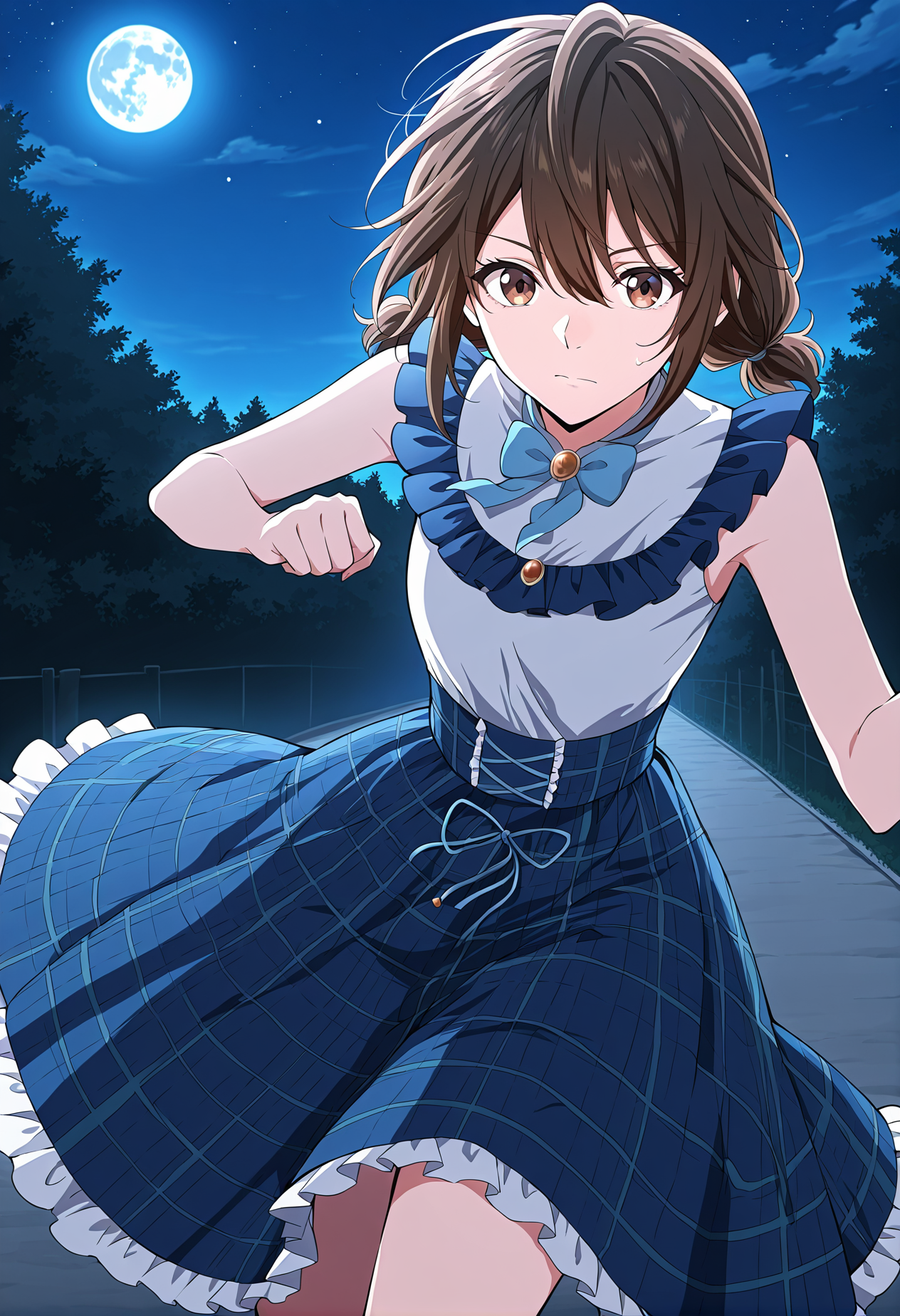 <lora:Eleanor_Leywin__The_Beginning_After_the_End__Illustrious:1>
1 girl, solo, brown hair, brown eyes, bangs
dress, blue skirt, plaid skirt, long skirt, white shirt, bracelete, blue bowtie, jewelry, frills, twintails, low twintails, hair between eyes, shirt sleeveless, medium hair
score_9, score_8_up, score_7_up, very aesthetic, source_anime, detailed, high quality, beautiful, masterpiece, very aesthetic, high definition, amazing quality, highres, absurdres, outdoors, looking at viewer, dynamic pose, night, blue moon