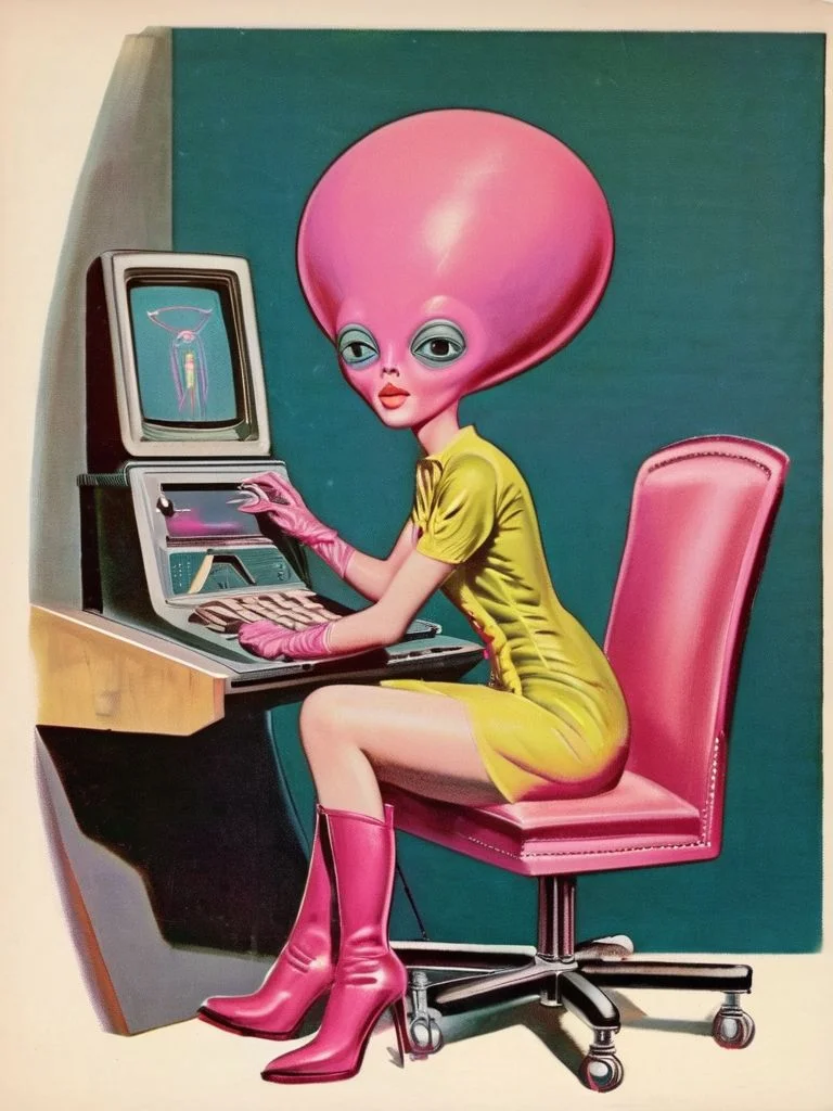 an alien woman in pink boots sitting on a chair in front of a computer desk VintageMagStyle <lora:SDXL-VintageMagStyle-Lora:1>, Very detailed, clean, high quality, sharp image