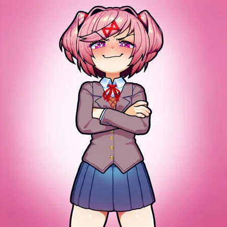 masterpiece, best quality, amazing quality, very aesthetic, absurdres, newest,
<lora:Pettankon_style_ILLUST-000008:0.95> pettankon, favourite,
1girl, solo focus, natsuki \(doki doki literature club\), pink eyes, pink hair, short hair, twintails, red hairclip,
school uniform,
smug, (smile:0.3), looking at viewer, crossed arms,
cowboy shot,