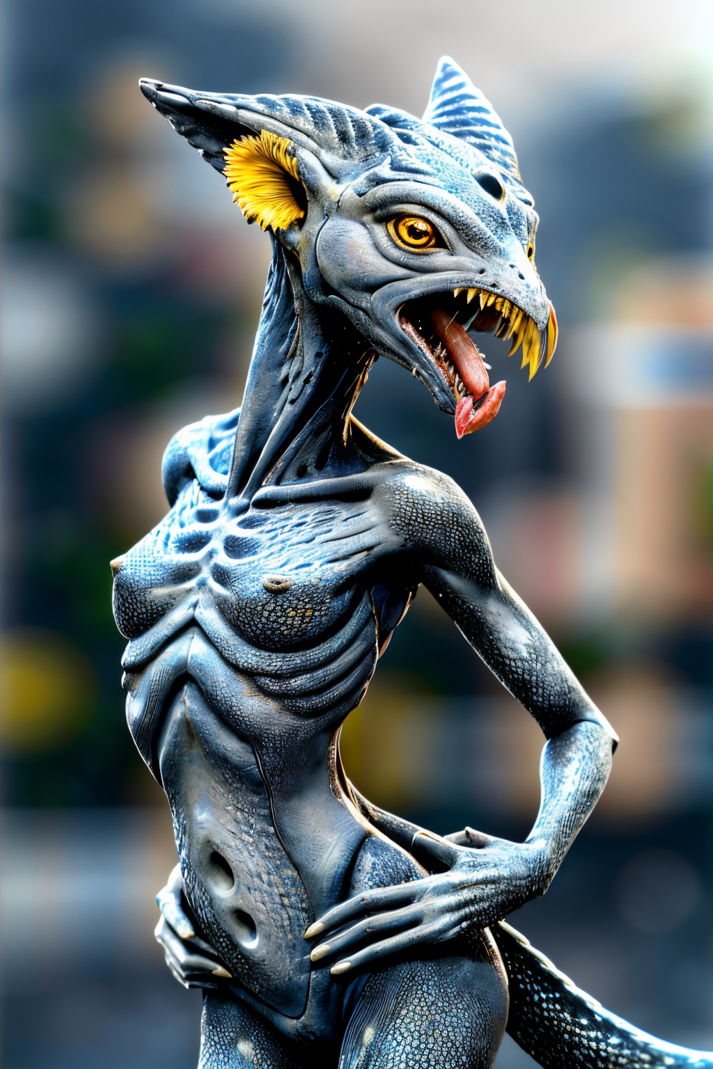 (Realistic:1.5) full body shot, blurry background ribs yellow eyes tongue tail yellow eyes greyscale outdoors fish  <lora:EdobAlienSpecies_v1.0:0.8>