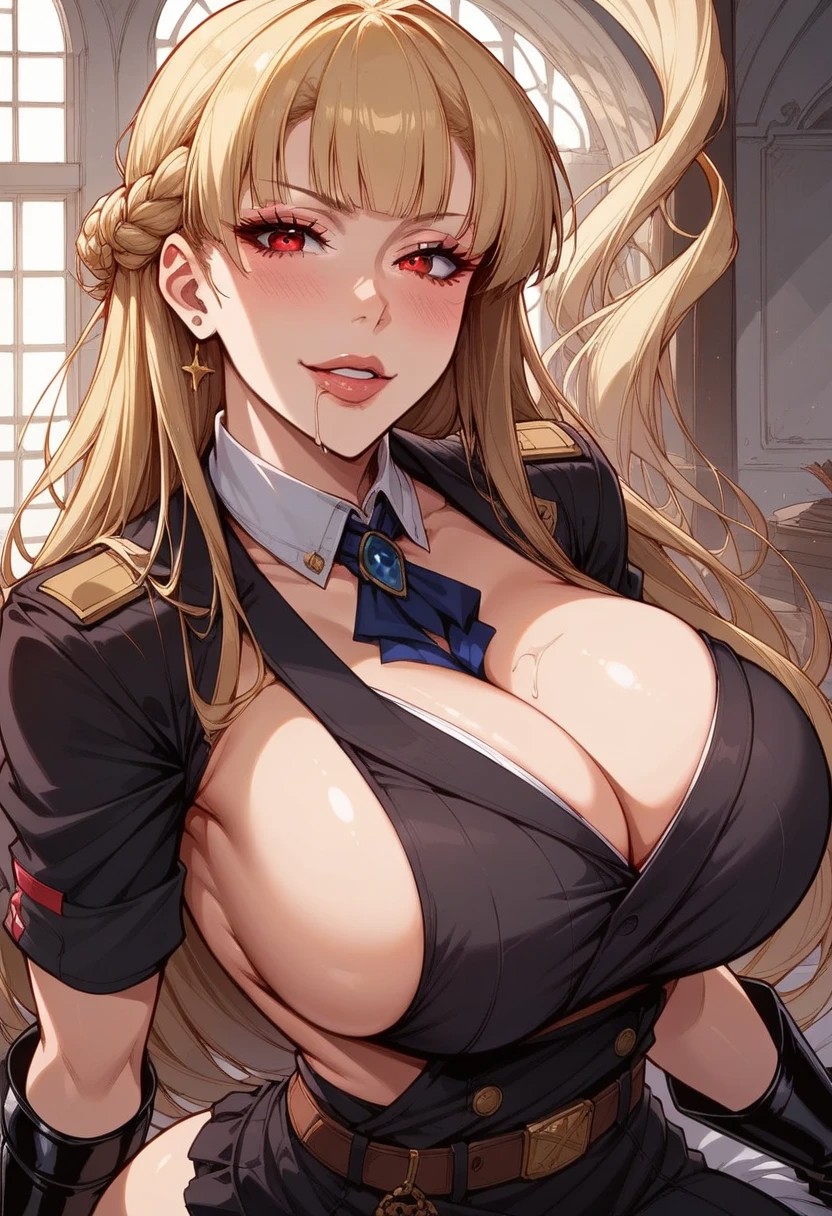 score_8_up, source_anime, (beautiful face, beautiful eyes, detailed eyes, detailed face:1.2),
1girl, solo, girl solo, slobber, hourglass shaped body, curvy figure,
front view, (black military uniform, black jodhpur pants, belt, boots, gloves:1.1),
dynamic standing seductive pose, seductive pose, half body,lewd face, slutty a lot, extream drooling,lewd face, slutty a lot, horny eyes, smug, high waisted thongs, high waisted thongs,
huge ass, huge tits, large ass,
beautiful anime face, detailed anime face,
(wide hips:1.3),
Lena Bruklin, blonde hair, long hair, braid, red eyes, large breasts, hair bobby pins, makeup, horny, lewd, slutty,