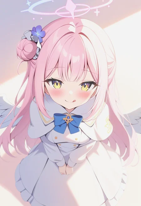 1girl,mika_bluearchive,angel_wings,blush,breasts,capelet,closed_mouth,dress,feathered_wings,flower,gradient_background,hair_bun,hair_flower,hair_ornament,halo,long_hair,looking_at_viewer,medium_breasts,pink_hair,pink_halo,purple_flower,single_side_bun,smile,solo,tongue,<lora:anime enhancer V3 xl:0.7>,volumetric lightning,detailed skin texture,detailed,volumetric shadow,<lora:mika blue archive xl:1>,tongue_out,white_capelet,white_dress,white_wings,wings,yellow_eyes,