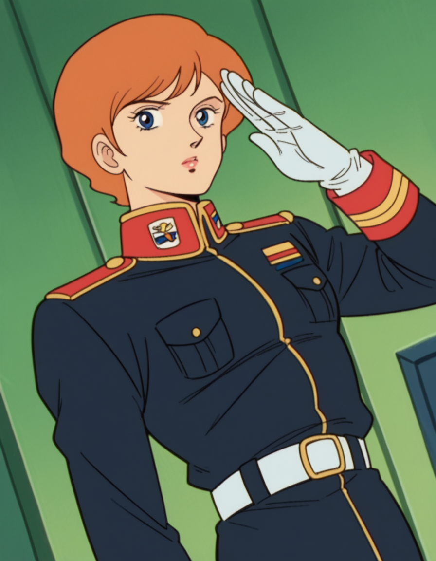 score_9, score_8_up, score_7_up, source_anime,
reccoalonde, <lora:reccoa-londe-anime-ponyxl-lora-nochekaiser:0.7>,
reccoa londe, short hair, orange hair, retro artstyle, 1980s \(style\), blue eyes,
belt, white gloves, uniform, military, military uniform, black uniform, two-tone uniform, red uniform,
indoors, salute,
looking at viewer, cowboy shot, solo, dutch angle,