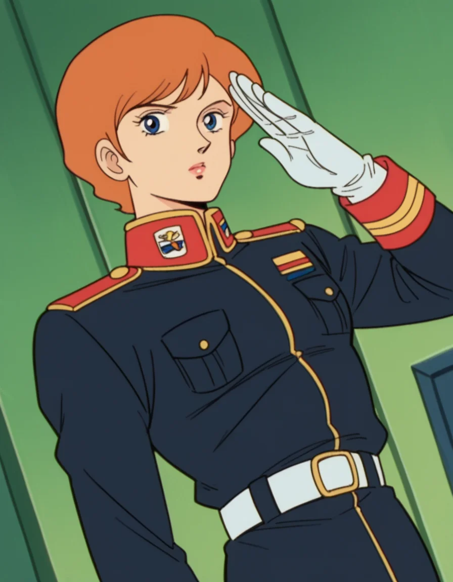 score_9, score_8_up, score_7_up, source_anime,
reccoalonde, <lora:reccoa-londe-anime-ponyxl-lora-nochekaiser:0.7>,
reccoa londe, short hair, orange hair, retro artstyle, 1980s \(style\), blue eyes,
belt, white gloves, uniform, military, military uniform, black uniform, two-tone uniform, red uniform,
indoors, salute,
looking at viewer, cowboy shot, solo, dutch angle,