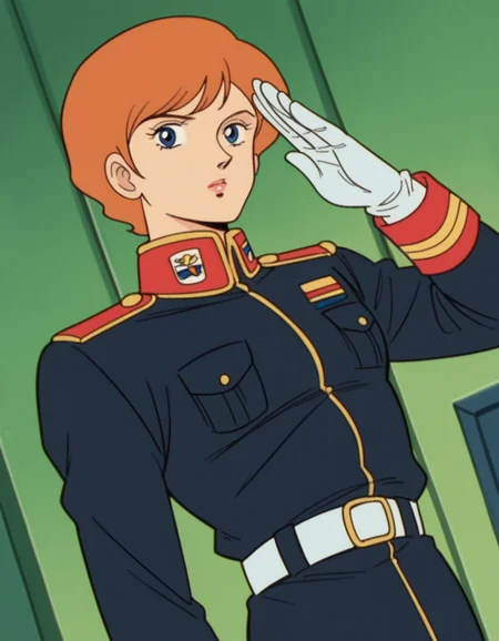 score_9, score_8_up, score_7_up, source_anime,
reccoalonde, <lora:reccoa-londe-anime-ponyxl-lora-nochekaiser:0.7>,
reccoa londe, short hair, orange hair, retro artstyle, 1980s \(style\), blue eyes,
belt, white gloves, uniform, military, military uniform, black uniform, two-tone uniform, red uniform,
indoors, salute,
looking at viewer, cowboy shot, solo, dutch angle,