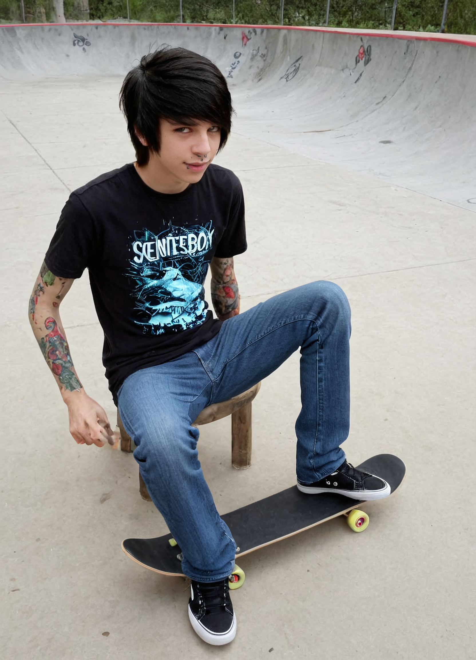 1boy, sceneboy, skatepark,skateboard,  tattoos, vibrant colors, shirt, jeans, black short hair,
 <lora:sceneboys-000007:1.0000000000000002>