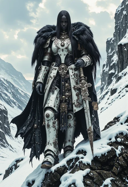 An avant-garde couture medieval warrior stands on a jagged rock amidst a vast snowy landscape, her striking silhouette contrasting against the pristine white surroundings. Clad in a meticulously crafted full suit of armor with avant-garde flairâsleek metallic curves, ornate engravings, and asymmetrical elementsâshe exudes elegance and power. A luxurious animal fur drapes over one shoulder, adding texture and warmth, while her finely designed walking cane, with an intricately carved handle, doubles as a weapon-like statement piece. The snow-covered terrain stretches endlessly, reflecting the cold light of day, as dramatic lighting from below casts bold shadows on the reflective surfaces of her armor, accentuating her fierce, regal presence in this frozen, majestic scene. epic, glorification, heroic. god rays. <lora:aidmaHyperrealism-FLUX-V0.1.safetensors:0.5>,  <lora:Warhammer_Rogue_Trader_Style_flux-000021.safetensors:0.3>, <lora:FluxBlackT40k.safetensors:1.0>,  <lora:Elden_Ring_-_Yoshitaka_Amano.safetensors:1.0>,   <lora:The_Dark_Side_Of_The_Future.safetensors:0.33>,  <lora:aiai-Glimra-Flux-Dev-v2.safetensors:0.5>,  <lora:midjourney_whisper_avant_couture_v01.safetensors:1.0>,