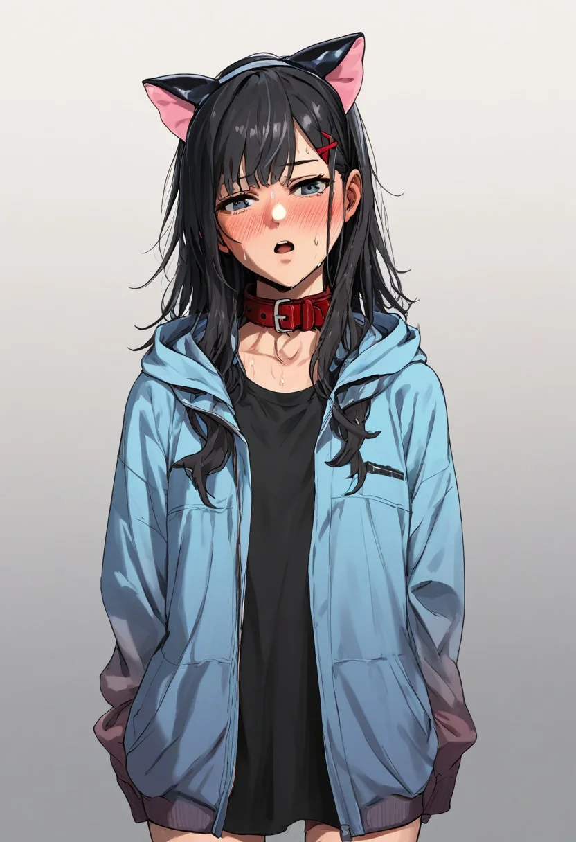 score_9, score_8_up, score_7_up, score_6_up, score_5_up, score_4_up, jacket, cowboy shot,gradient, sleeves past wrists, grey background, open jacket, arms behind back, , bangs,open clothes, fake animal ears, cat ears, solo, sweat, blue jacket, blush, long hair, sleeves past fingers, animal ears, 1girl, open mouth, collar, hair ornament, facing viewer, hood, gradient background, hairclip, black hair, standing, x hair ornament