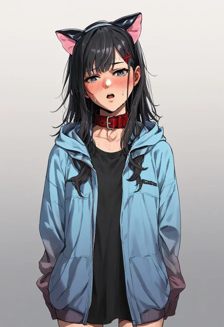 score_9, score_8_up, score_7_up, score_6_up, score_5_up, score_4_up, jacket, cowboy shot,gradient, sleeves past wrists, grey background, open jacket, arms behind back, , bangs,open clothes, fake animal ears, cat ears, solo, sweat, blue jacket, blush, long hair, sleeves past fingers, animal ears, 1girl, open mouth, collar, hair ornament, facing viewer, hood, gradient background, hairclip, black hair, standing, x hair ornament