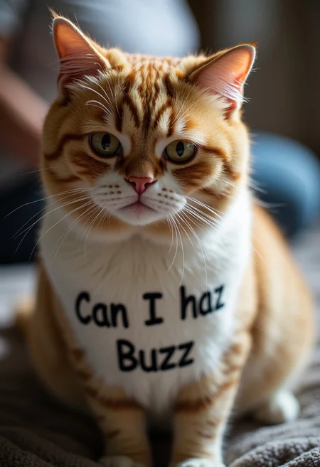 A meme of a fat cat looking at the camera with the words "Can I Haz Buzz" written on it. The cat looks slightly sad and hungry. The lighting is soft and natural, like it was taken in a casual indoor setting. The overall tone is raw and unpolished, capturing the candid nature of an amateur photo.