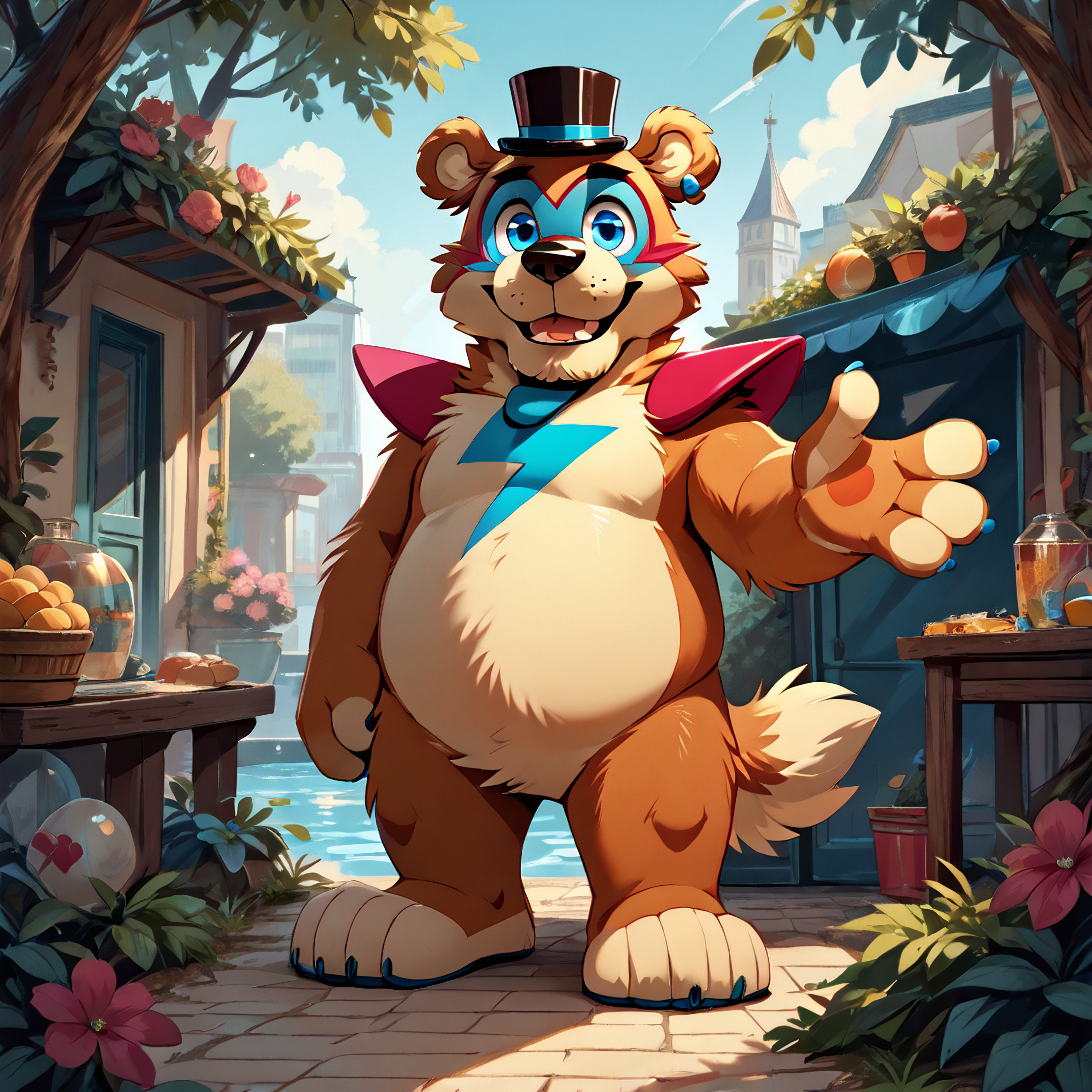 <lora:bigfreddy_ponyxl-10:1>  score_9_up, score_8_up, score_7_up, source_cartoon, best quality, masterpiece, outsude, park, park background, (bigfreddy), bear ears, solo, (looking at viewer), perfect body,  (perfect anatomy),  fluffy paws, (fluffy paws), detailed ears, detailed hands, detailed body, perfect body, (detailed hands), toony hands, toony body, toony head, zPDXL3, detailed hat,  male focus,  nice background, (flat chest), fluffy head:0.8, looking at viewer
 <lora:zy_Detailed_Backgrounds_v1:1.0>  <lora:HandFixer_pdxl_Incrs_v1:0.5>