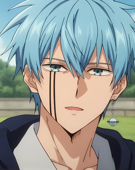 score_9, score_8_up, score_7_up, original style, source_anime, anime screencap, BREAK, depth of field, ((1boy, solo, male only, male focus, face focus)), (crown_lance, blue eyes, blue hair, short hair, bangs, hair between eyes, adult, facial tattoo, single earring), happy, looking at viewer, facing viewer, collarbone, outdoors, <lora:Crown_Lance__Mashle:1>