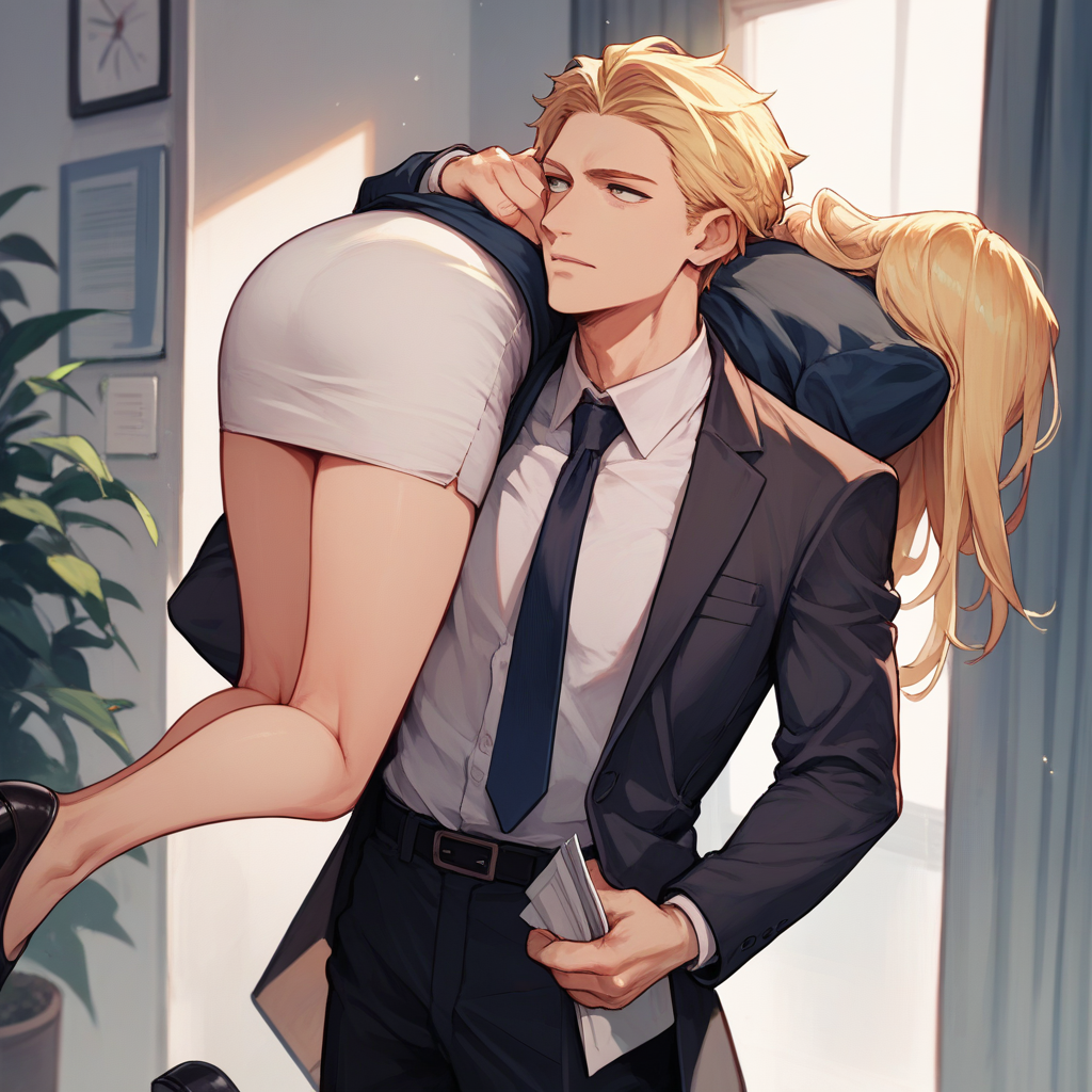score_9, score_8_up, score_7_up, score_6_up, source_anime, carrying, 1boy, 1girl, blonde hair, long hair, 
office lady, office, suit,
<lora:carrying_over_shoulder_v0.4-pony:1>