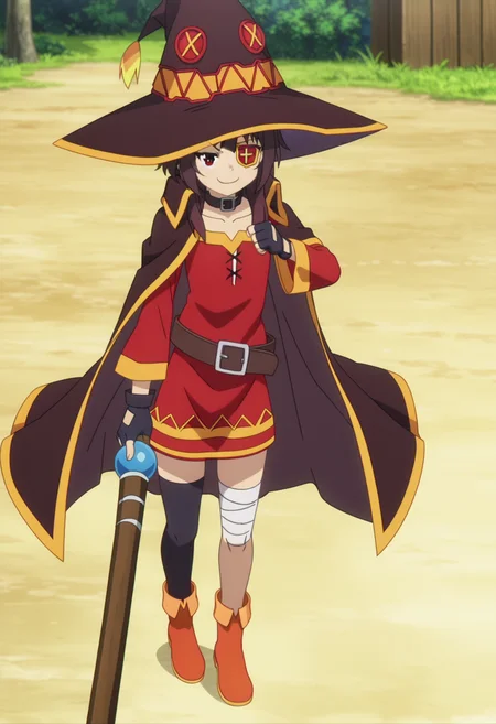 score_9, score_8_up, score_7_up, source_anime,
BREAK
1girl, solo, anime screencap, anime coloring,
<lora:shiMeguminV1:1>,
shimegudef, defaultdress, short hair, brown hair, red eyes,
collarbone, black gloves, choker, belt, fingerless gloves, cape, collar, witch hat, red dress, eyepatch, holding staff,
bandaged leg, single thighhigh,
looking at viewer, smug,
