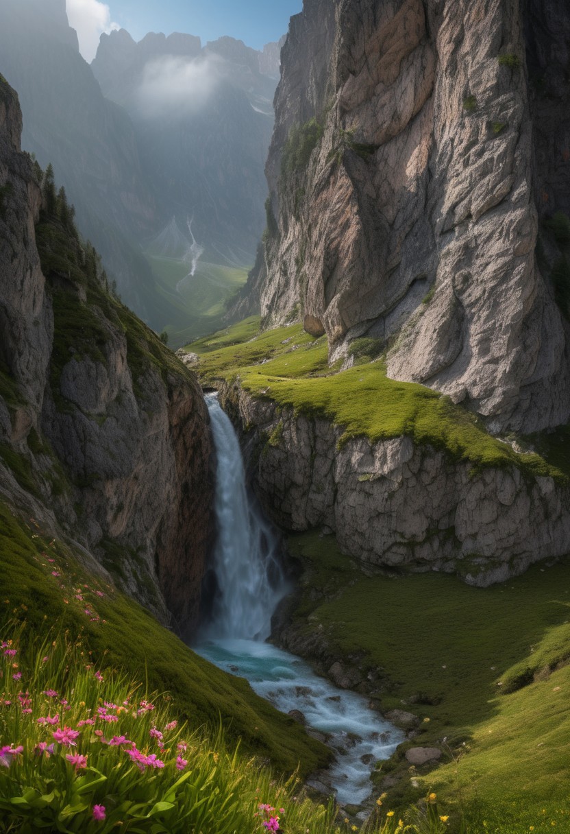 A photorealistic Dolomites landscape in spring, a powerful waterfall cascading down a rocky cliff, surrounded by vibrant green moss and blooming wildflowers, mist rising from the base, towering peaks in the background, 8k resolution, ultra-realistic, professional landscape photography, using Dolomites World Heritage LoRa