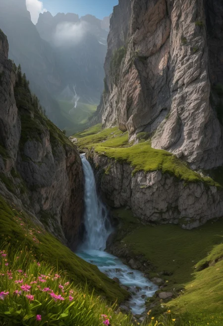 A photorealistic Dolomites landscape in spring, a powerful waterfall cascading down a rocky cliff, surrounded by vibrant green moss and blooming wildflowers, mist rising from the base, towering peaks in the background, 8k resolution, ultra-realistic, professional landscape photography, using Dolomites World Heritage LoRa