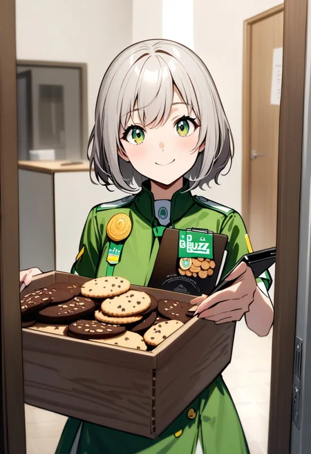 The Words "5 buzz per box" at the top of the image. Cute smiling girl scout showing up at your door with a wagon of cookies. The girl is showing the viewer a clipboard.