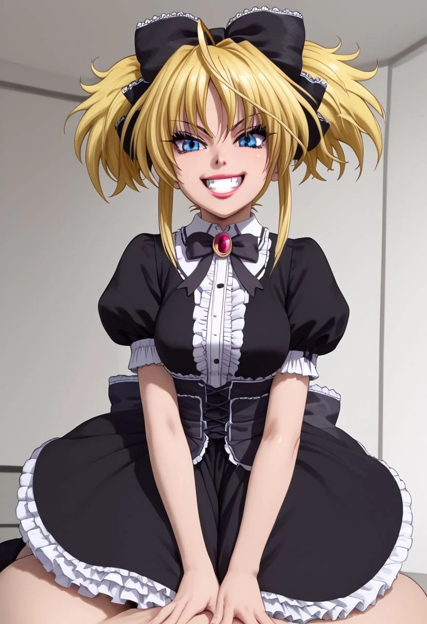 Masterpiece, best quality, high quality, highres, 4k, detailed face, detailed_eye_model, Expressiveh, mittelt, blonde hair, blue eyes, narrowed eyes, messy hair, bangs, ahoge, short twintails, medium hair, sidelocks, fang, hair bow, gothic, medium breasts, ahoge, shortstack, grin, shiny lips, lipgloss, gyaru, bmbplora, long eyelashes, gothic dress, frilled dress, parasol,